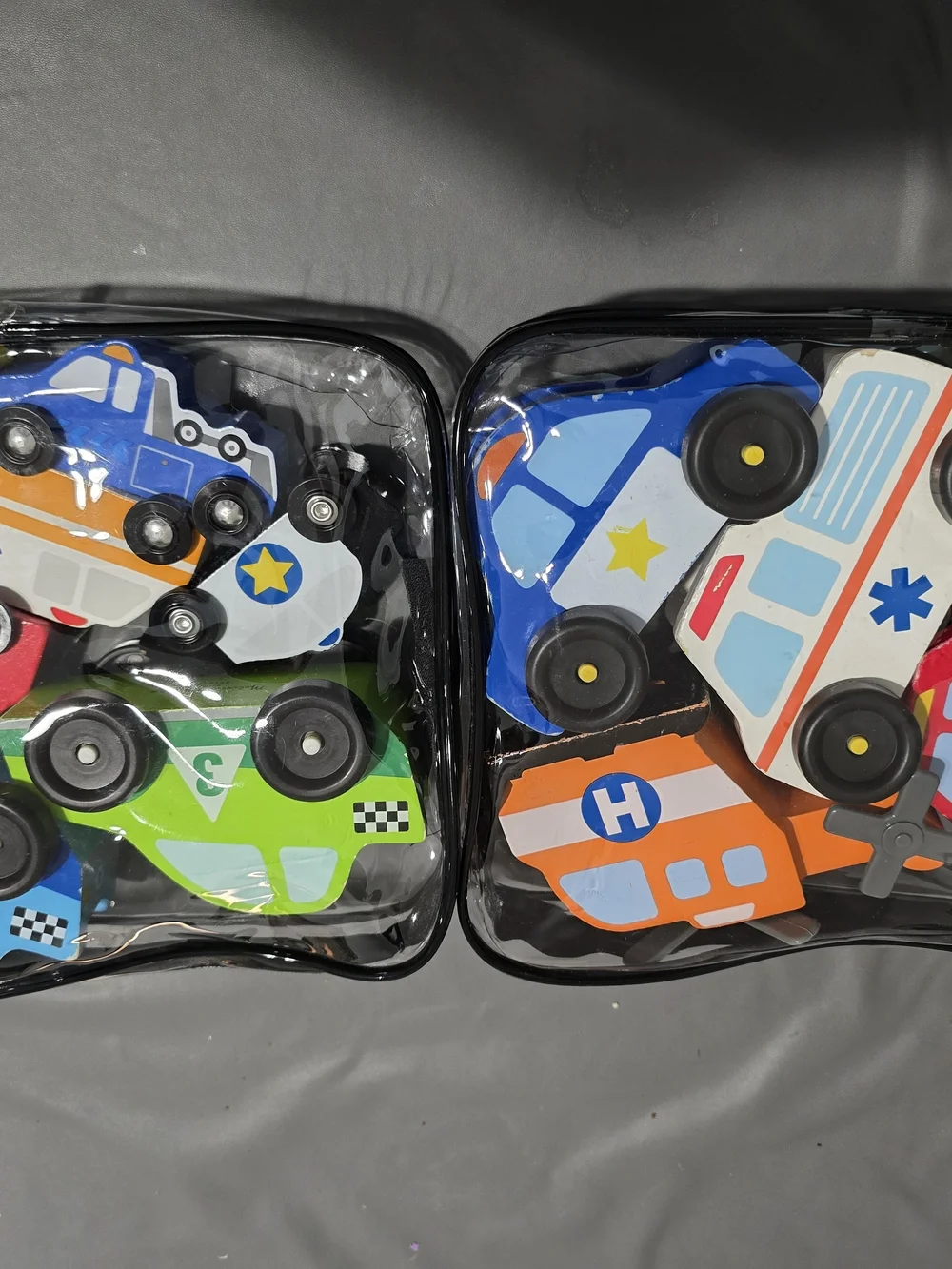 Wooden Vehicle Play Set - Blue, Green, Orange Emergency Cars